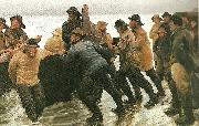 Michael Ancher fiskere ifard med at satte en rorsbad i vandet oil painting artist